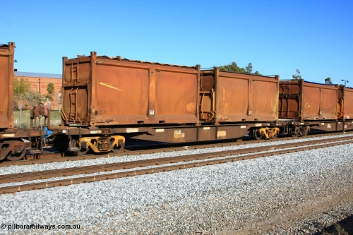 100608 9731
Midland, AQNY 32164, one of sixty two waggons built by Goninan WA in 1998 as WQN type for Murrin Murrin container traffic, with sulphur skips S147G with original door and original sliding tarpaulin and S142H with replacement door and roll top tarpaulin on train 2430 empty Malcolm freighter.
Keywords: AQNY-type;AQNY32164;Goninan-WA;WQN-type;