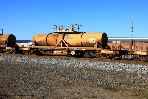 100609 09930
Midland, AQHY 30054 with sulphuric acid tank CSA 0020, originally built by the WAGR Midland Workshops in 1964/66 as a WF type flat waggon, then in 1997, following several recodes and modifications, was one of seventy five waggons converted to the WQH type to carry CSA sulphuric acid tanks between Hampton/Kalgoorlie and Perth/Kwinana.
Keywords: AQHY-type;AQHY30054;WAGR-Midland-WS;WF-type;WFM-type;WFDY-type;WFDF-type;RFDF-type;WQH-type;