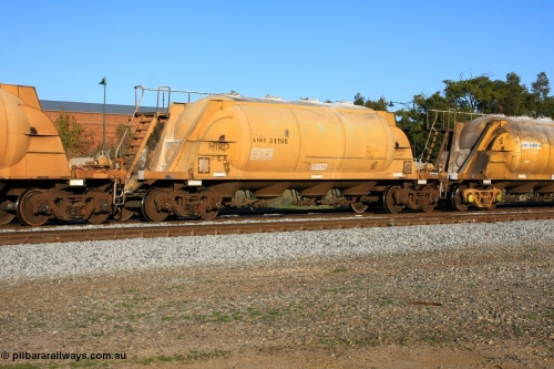 100609 09962
Midland, APNY 31160 one of twelve built by WAGR Midland Workshops in 1974 as WNA type pneumatic discharge nickel concentrate waggon, WAGR built and owned copies of the AE Goodwin built WN waggons for WMC.
Keywords: APNY-type;APNY31160;WAGR-Midland-WS;WNA-type;
