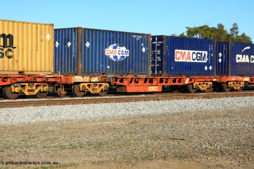 100609 09968
Midland, AQRY 1009 two-pack platform A loaded with two 20' CMA CGM 22G1 type containers carrying lead, ECMU 122949 and ECMU 161482. The AQRY are a bar-coupled pair and were used for rail transport as the AFRF type on the Darwin line and are originally former ANR-CR waggons.
Keywords: AQRY-type;AQRY1009;AFRF-type;