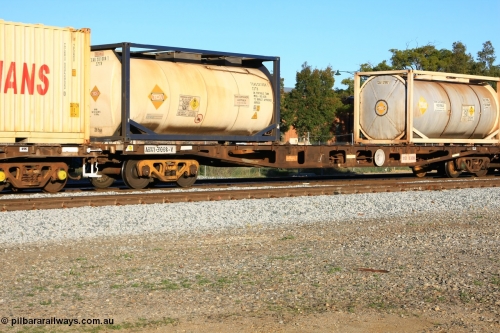 100609 09979
Midland, AQWY 31008 container flat waggon originally built by Westrail Midland Workshops in 1981 part of a batch of eighteen as WFA type, carrying two 20' Tank Containers Australia 22T6 type tanktainers TCAU 201006 and TCAU 121002 empty ammonium nitrate.
Keywords: AQWY-type;AQWY31008;Westrail-Midland-WS;WFA-type;WQCY-type;RHQY-type;