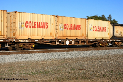 100609 09980
Midland, AQWY 30384 container flat waggon, originally one of one hundred and sixty one built by Tomlinson Steel in 1970 as WFX type, to WQCX in 1979. Loaded three 20' Colemans' 25B0 type containers for ammonium nitrate, CCBU 0013, CCBU 0007 and CCBU 005900.
Keywords: AQWY-type;AQWY30384;Tomlinson-Steel-WA;WFX-type;WQCX-type;