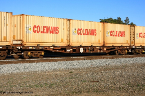 100609 09981
Midland, AQWY 31051 container waggon, built by Centrecon Ltd WA in 1981 in a batch of thirty five WFA type container waggons, another eighteen were also built by Westrail. In 1987 it was converted to WFAP for motor vehicle transport. Loaded with three 20' Colemans' 25B0 containers for carrying ammonium nitrate, CCBU 0037, CCBU 0039 and CCBU 0024.
Keywords: AQWY-type;AQWY31051;Centrecon-Ltd-WA;WFA-type;WFAP-type;
