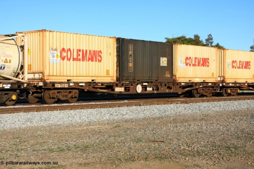 100609 09982
Midland, AQWY 30231 container flat waggon built by WAGR Midland Workshops in a batch of forty five WFX type container flats in 1974, recoded to WQCX in 1980. Loaded with three 20' boxes, two Colemans' 25B0 type CCBU 0031 and CCBU 0010 and a Royal Wolf 2EG9 type RWTU 951019 used to convey ammonium nitrate.
Keywords: AQWY-type;AQWY30231;WAGR-Midland-WS;WFX-type;WQCX-type;