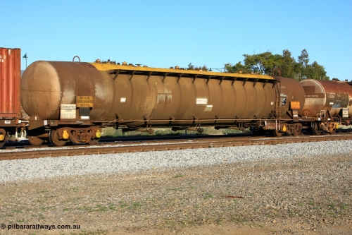 100609 10011
Midland, ATKY 515 fuel tank waggon built by Tulloch Ltd NSW in 1971 along with sister 516 for BP Oil as WJK type 93,000 litres three compartment three domes, current capacity is probably 80500 litres in line with the rest of the fleet.
Keywords: ATKY-type;ATKY515;Tulloch-Ltd-NSW;WJK-type;WJKY-type;