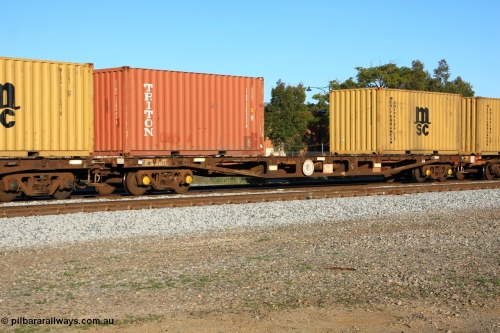 100609 10014
Midland, AQWY 30359 container waggon originally one of one hundred and sixty one built by Tomlinson Steel in 1970 as WFX type, to WQCX in 1980. Loaded with two 20' 22G1 type containers for Triton TTNU 368943 and Mediterranean Shipping MEDU 106868.
Keywords: AQWY-type;AQWY30359;Tomlinson-Steel-WA;WFX-type;WQCX-type;