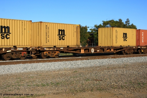 100609 10015
Midland, AQWY 30348 container flat waggon built by Tomlinson Steel WA as WFX type in 1970 from a batch of one hundred and sixty one waggons, to narrow gauge as QWF type in 1970, back to SG in 1972 as WFX, recoded in 1979 to WQCX type. Loaded with two 20' Mediterranean Shipping 22G1 type containers MSCU 672393 and MEDU 121561.
Keywords: AQWY-type;AQWY30348;Tomlinson-Steel-WA;WFX-type;QWF-type;WQCX-type;