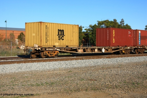 100609 10020
Midland, AQWY 30201 container flat waggon built by WAGR Midland Workshops as the first in a batch of forty five WFX type container flats in 1974, recoded to WQCX in 1979. Loaded with two 20' 22G1 type containers Mediterranean Shipping MSCU 399918 and Gold GLDU 561499.
Keywords: AQWY-type;AQWY30201;WAGR-Midland-WS;WFX-type;WQCX-type;
