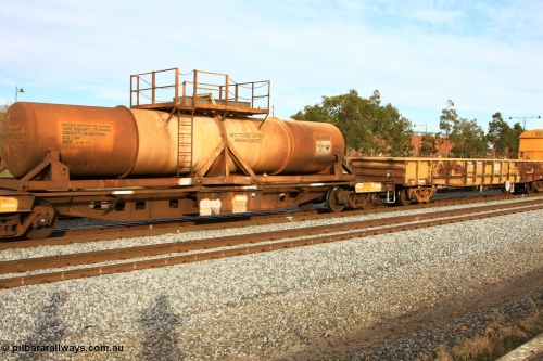 100611 0310
Midland, AQHY 30045 with sulphuric acid tank CSA 0016, originally built by the WAGR Midland Workshops in 1964/66 at WF type flat waggons, then following several codes and modifications in 1997 seventy five were converted to WQH to carry CSA sulphuric acid tanks between Hampton/Kalgoorlie and Perth/Kwinana.
Keywords: AQHY-type;AQHY30045;WAGR-Midland-WS;WF-type;WFDY-type;WFDF-type;RFDF-type;WQH-type;