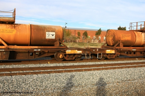 100611 0312
Midland, AQHY 30071 with sulphuric acid tank CSA 005, originally built by the WAGR Midland Workshops in 1964/66 at WF type flat waggons, then following several codes and modifications in 1997 seventy five were converted to WQH to carry CSA sulphuric acid tanks between Hampton/Kalgoorlie and Perth/Kwinana.
Keywords: AQHY-type;AQHY30071;WAGR-Midland-WS;WF-type;WFDY-type;WFDF-type;RFDF-type;WQH-type;