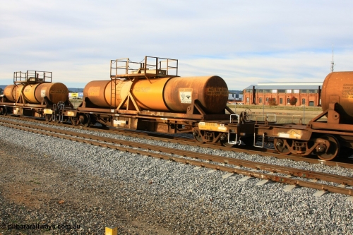 100611 0336
Midland, AQHY 30086 with sulphuric acid tank CSA 0068, originally built by the WAGR Midland Workshops in 1964/66 at WF type flat waggons, then following several codes and modifications in 1997 seventy five were converted to WQH to carry CSA sulphuric acid tanks between Hampton/Kalgoorlie and Perth/Kwinana.
Keywords: AQHY-type;AQHY30086;WAGR-Midland-WS;WF-type;WFP-type;WFDY-type;WFDF-type;RFDF-type;WQH-type;