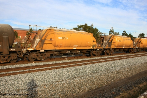 100611 0348
Midland, APNY 31157, one of twelve built by WAGR Midland Workshops in 1974 as WNA type pneumatic discharge nickel concentrate waggon, WAGR built and owned copies of the AE Goodwin built WN waggons for WMC. 
Keywords: APNY-type;APNY31157;WAGR-Midland-WS;WNA-type;