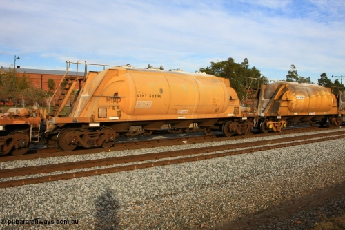 100611 0352
Midland, APNY 31160, one of twelve built by WAGR Midland Workshops in 1974 as WNA type pneumatic discharge nickel concentrate waggon, WAGR built and owned copies of the AE Goodwin built WN waggons for WMC.
Keywords: APNY-type;APNY31160;WAGR-Midland-WS;WNA-type;