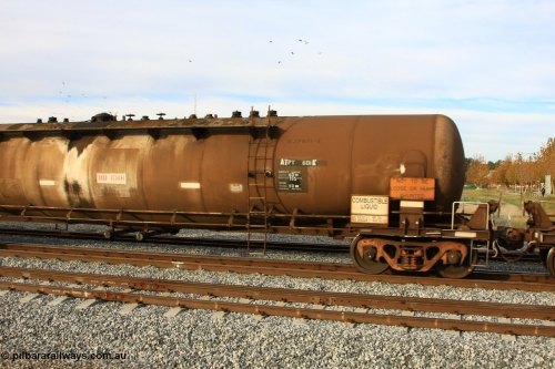 100611 0369
Midland, ATPY 601 fuel tank waggon built by WAGR Midland Workshops in 1976 as WJP type for BP Oil, capacity of 80500 litres, recoded to WJPY.
Keywords: ATPY-type;ATPY601;WAGR-Midland-WS;WJP-type;WJPY-type;