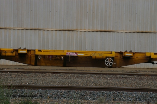 110710 7423 PD
West Kalgoorlie, AQAY 2273, this orphan waggon started life as a Comeng Vic built GOX type open waggon for Commonwealth Railways in 1970, then coded AOOX. Under AWR ownership is was reduced to this 3 TEU unit container skeletal waggon. Peter Donaghy image.
Keywords: Peter-D-Image;AQAY-type;AQAY2273;Comeng-Vic;GOX-type;AOOX-type;ROOX-type;ROKX-type;