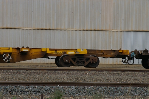 110710 7424 PD
West Kalgoorlie, AQAY 2273, this orphan waggon started life as a Comeng Vic built GOX type open waggon for Commonwealth Railways in 1970, then coded AOOX. Under AWR ownership is was reduced to this 3 TEU unit container skeletal waggon. Peter Donaghy image.
Keywords: Peter-D-Image;AQAY-type;AQAY2273;Comeng-Vic;GOX-type;AOOX-type;ROOX-type;ROKX-type;