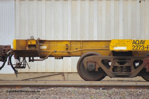 110710 7425 PD
West Kalgoorlie, AQAY 2273, this orphan waggon started life as a Comeng Vic built GOX type open waggon for Commonwealth Railways in 1970, then coded AOOX. Under AWR ownership is was reduced to this 3 TEU unit container skeletal waggon. Peter Donaghy image.
Keywords: Peter-D-Image;AQAY-type;AQAY2273;Comeng-Vic;GOX-type;AOOX-type;ROOX-type;ROKX-type;