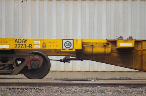 110710 7426 PD
West Kalgoorlie, AQAY 2273, this orphan waggon started life as a Comeng Vic built GOX type open waggon for Commonwealth Railways in 1970, then coded AOOX. Under AWR ownership is was reduced to this 3 TEU unit container skeletal waggon. Peter Donaghy image.
Keywords: Peter-D-Image;AQAY-type;AQAY2273;Comeng-Vic;GOX-type;AOOX-type;ROOX-type;ROKX-type;