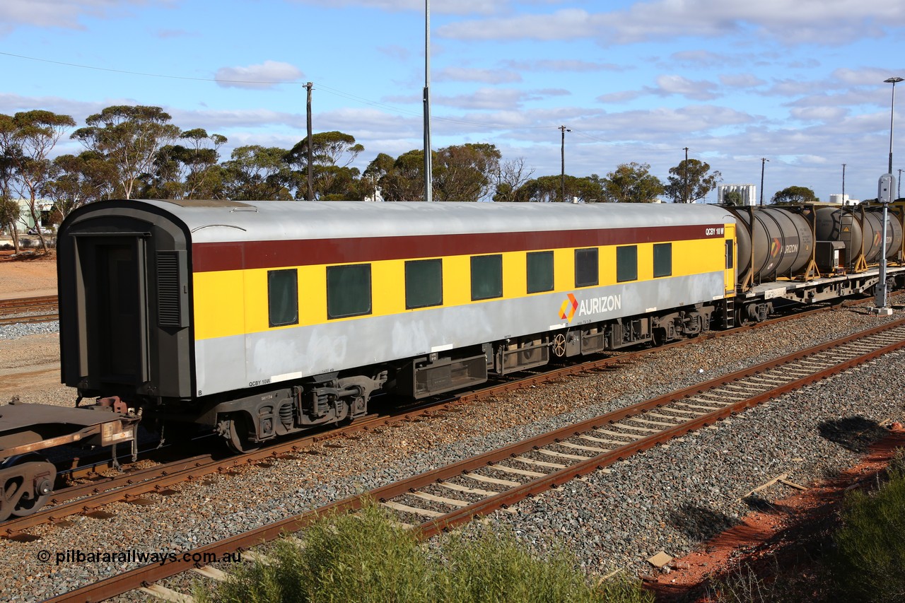160525 4863
West Kalgoorlie, Aurizon intermodal train 2MP1, crew accommodation coach QCBY 10, started life as Victorian Railways Newport Workshops 1952 build as AS class no. 15, first class air conditioned corridor car, then AS 210, BS 210 and BS 10. Sold to West Coast Railway, then RTS / Gemco and finally to Aurizon.
Keywords: QCBY-class;QCBY10;Victorian-Railways-Newport-WS;AS15;AS210;BS210;BS10;AS-class;BS-class;