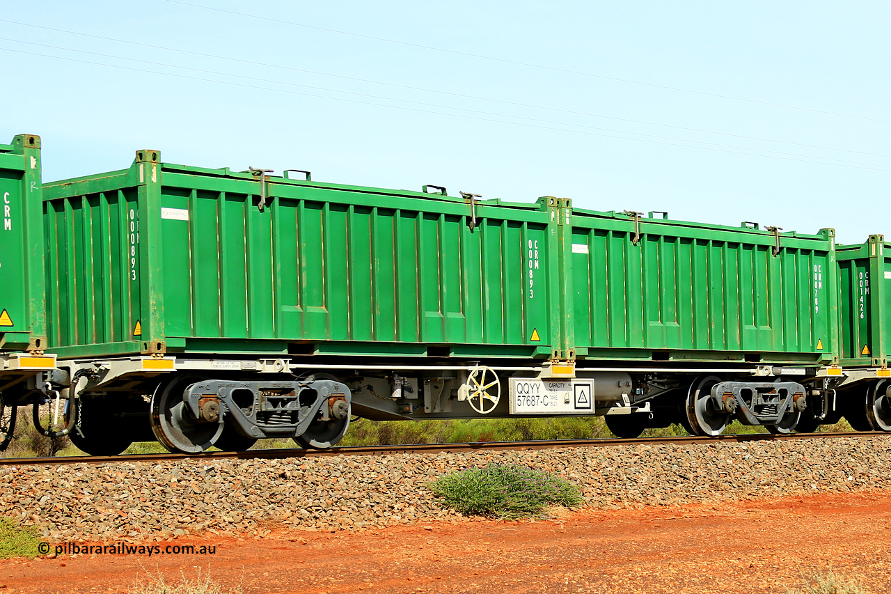 231020 8147
Parkeston, QQYY type 40' container waggon QQYY 57687 one of five hundred ordered by Aurizon and built by CRRC Yangtze Group of China in 2022. In service with two loaded 20' half height hard top 'rotainers' lettered CRM, for Cristal Mining before they were absorbed into Tronox, CRM 000709 with Cristal decal and CRM 000893 with Cristal decal, on Aurizon's Tronox mineral sands train 4UP1 from Ivanhoe / Broken Hill (NSW) to Kwinana (WA). 20th of October 2023.
Keywords: QQYY-type;QQYY57687;CRRC-Yangtze-Group-China;