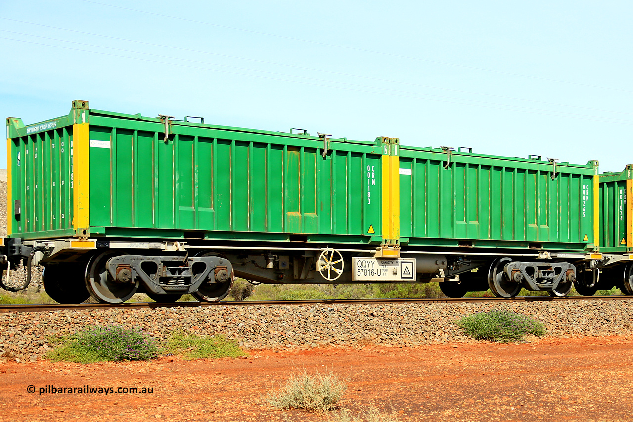 231020 8174
Parkeston, QQYY type 40' container waggon QQYY 57816 one of five hundred ordered by Aurizon and built by CRRC Yangtze Group of China in 2022. In service with two loaded 20' half height hard top 'rotainers' lettered CRM, for Cristal Mining before they were absorbed into Tronox, CRM 000265 with Cristal decal and yellow corner posts and CRM 001183 with Cristal decal and yellow corner posts, on Aurizon's Tronox mineral sands train 4UP1 from Ivanhoe / Broken Hill (NSW) to Kwinana (WA). 20th of October 2023.
Keywords: QQYY-type;QQYY57816;CRRC-Yangtze-Group-China;