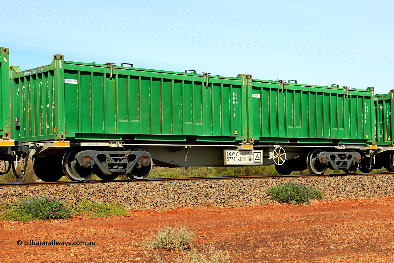 231020 8196
Parkeston, QQYY type 40' container waggon QQYY 57713 one of five hundred ordered by Aurizon and built by CRRC Yangtze Group of China in 2022. In service with two loaded 20' half height hard top 'rotainers' lettered CRM, for Cristal Mining before they were absorbed into Tronox, CRM 001036 with Tronox decal and CRM 000174 with Tronox decal, on Aurizon's Tronox mineral sands train 4UP1 from Ivanhoe / Broken Hill (NSW) to Kwinana (WA). 20th of October 2023.
Keywords: QQYY-type;QQYY57713;CRRC-Yangtze-Group-China;