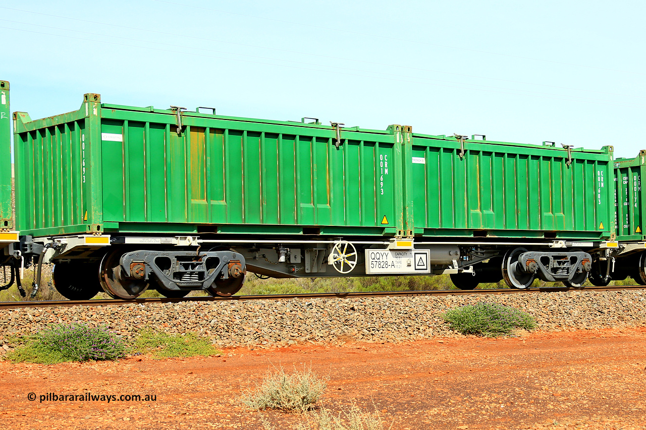 231020 8197
Parkeston, QQYY type 40' container waggon QQYY 57828 one of five hundred ordered by Aurizon and built by CRRC Yangtze Group of China in 2022. In service with two loaded 20' half height hard top 'rotainers' lettered CRM, for Cristal Mining before they were absorbed into Tronox, CRM 001603 with Tronox decal and CRM 001693 with Cristal decal, on Aurizon's Tronox mineral sands train 4UP1 from Ivanhoe / Broken Hill (NSW) to Kwinana (WA). 20th of October 2023.
Keywords: QQYY-type;QQYY57828;CRRC-Yangtze-Group-China;