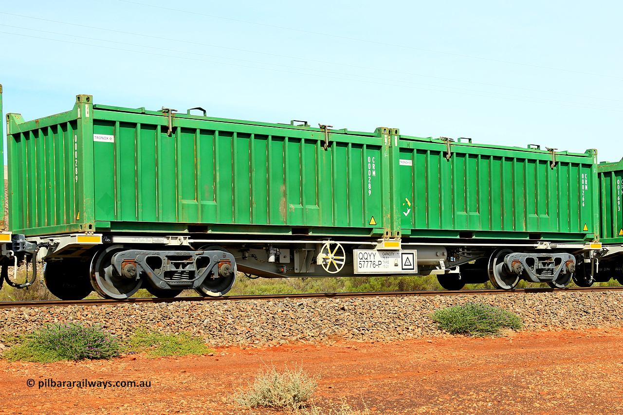 231020 8198
Parkeston, QQYY type 40' container waggon QQYY 57776 one of five hundred ordered by Aurizon and built by CRRC Yangtze Group of China in 2022. In service with two loaded 20' half height hard top 'rotainers' lettered CRM, for Cristal Mining before they were absorbed into Tronox, CRM 000266 with Tronox decal and CRM 000289 with Tronox decal, on Aurizon's Tronox mineral sands train 4UP1 from Ivanhoe / Broken Hill (NSW) to Kwinana (WA). 20th of October 2023.
Keywords: QQYY-type;QQYY57776;CRRC-Yangtze-Group-China;