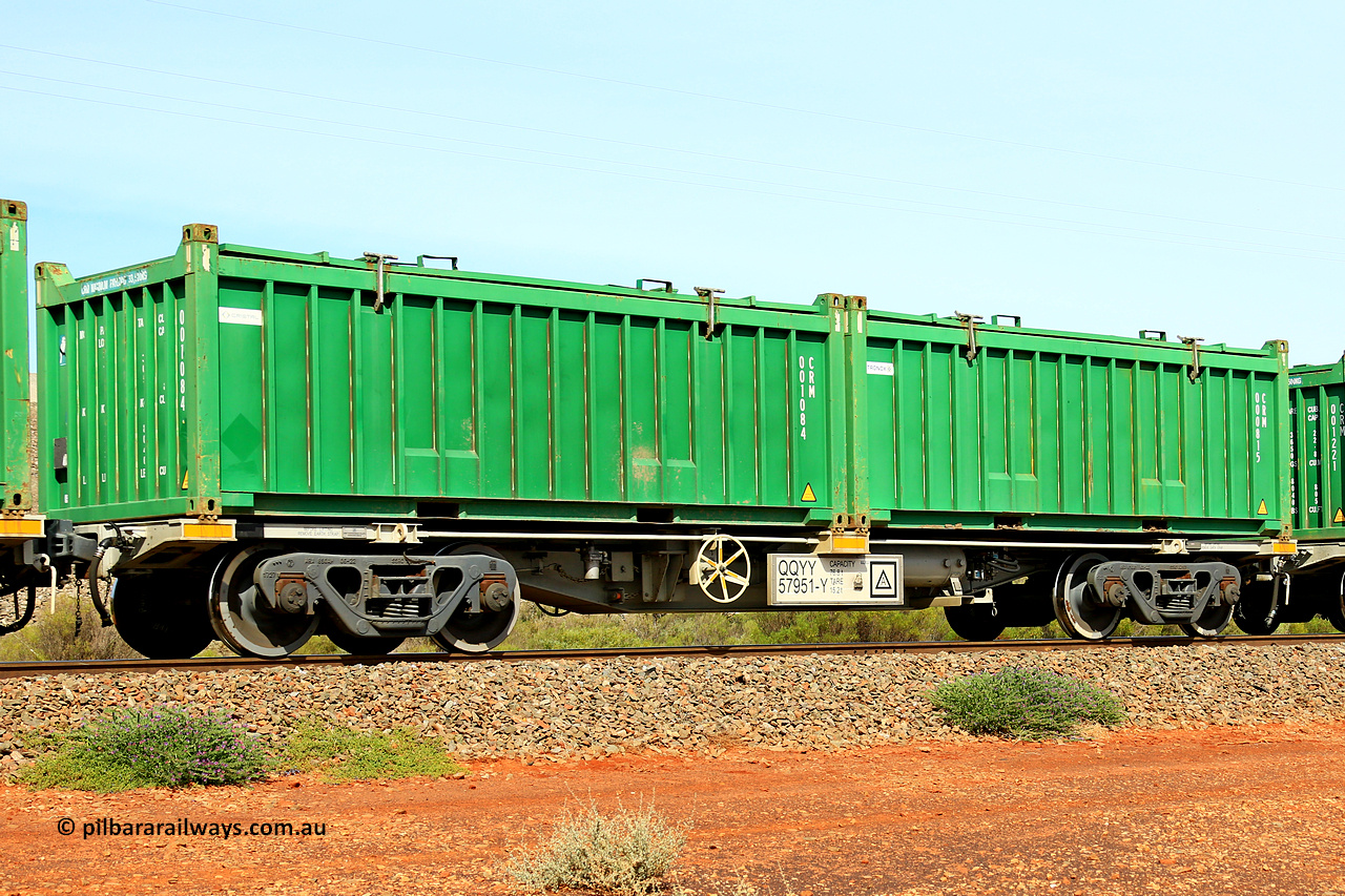231020 8200
Parkeston, QQYY type 40' container waggon QQYY 57951 one of five hundred ordered by Aurizon and built by CRRC Yangtze Group of China in 2022. In service with two loaded 20' half height hard top 'rotainers' lettered CRM, for Cristal Mining before they were absorbed into Tronox, CRM 000815 with Tronox decal and CRM 001084 with Cristal decal, on Aurizon's Tronox mineral sands train 4UP1 from Ivanhoe / Broken Hill (NSW) to Kwinana (WA). 20th of October 2023.
Keywords: QQYY-type;QQYY57951;CRRC-Yangtze-Group-China;