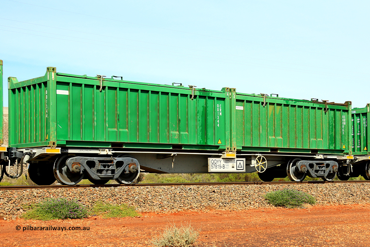 231020 8202
Parkeston, QQYY type 40' container waggon QQYY 57819 one of five hundred ordered by Aurizon and built by CRRC Yangtze Group of China in 2022. In service with two loaded 20' half height hard top 'rotainers' lettered CRM, for Cristal Mining before they were absorbed into Tronox, CRM 000063 with Tronox decal and CRM 001344 with Cristal decal, on Aurizon's Tronox mineral sands train 4UP1 from Ivanhoe / Broken Hill (NSW) to Kwinana (WA). 20th of October 2023.
Keywords: QQYY-type;QQYY57819;CRRC-Yangtze-Group-China;