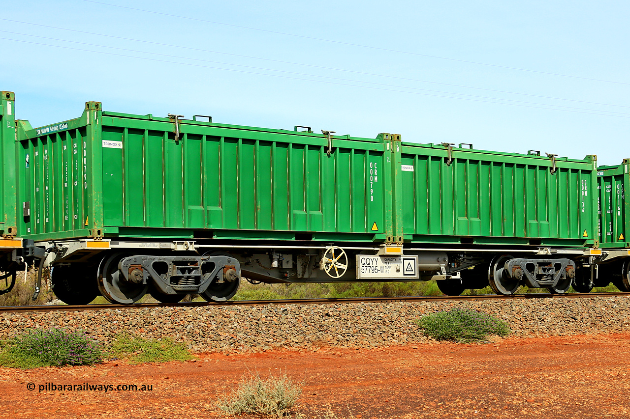231020 8204
Parkeston, QQYY type 40' container waggon QQYY 57795 one of five hundred ordered by Aurizon and built by CRRC Yangtze Group of China in 2022. In service with two loaded 20' half height hard top 'rotainers' lettered CRM, for Cristal Mining before they were absorbed into Tronox, CRM 000136 with Tronox decal and CRM 000790 with Tronox decal, on Aurizon's Tronox mineral sands train 4UP1 from Ivanhoe / Broken Hill (NSW) to Kwinana (WA). 20th of October 2023.
Keywords: QQYY-type;QQYY57795;CRRC-Yangtze-Group-China;