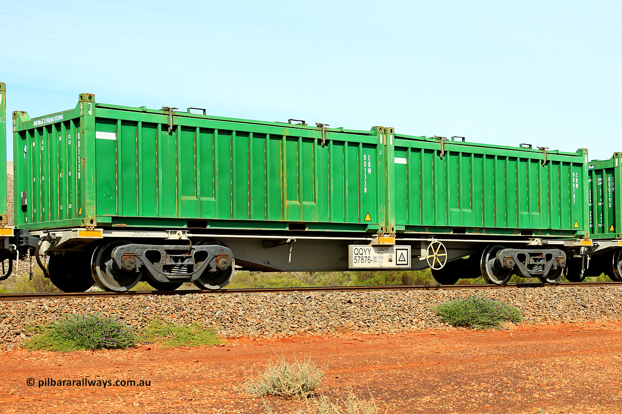 231020 8205
Parkeston, QQYY type 40' container waggon QQYY 57876 one of five hundred ordered by Aurizon and built by CRRC Yangtze Group of China in 2022. In service with two loaded 20' half height hard top 'rotainers' lettered CRM, for Cristal Mining before they were absorbed into Tronox, CRM 000187 with Cristal decal and CRM 001338 with Cristal decal, on Aurizon's Tronox mineral sands train 4UP1 from Ivanhoe / Broken Hill (NSW) to Kwinana (WA). 20th of October 2023.
Keywords: QQYY-type;QQYY57876;CRRC-Yangtze-Group-China;