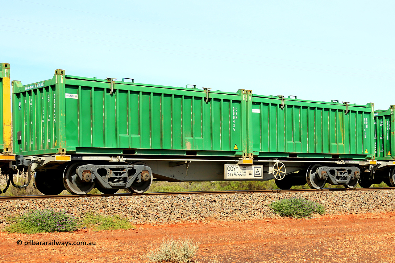 231020 8206
Parkeston, QQYY type 40' container waggon QQYY 57747 one of five hundred ordered by Aurizon and built by CRRC Yangtze Group of China in 2022. In service with two loaded 20' half height hard top 'rotainers' lettered CRM, for Cristal Mining before they were absorbed into Tronox, CRM 001638 with Cristal decal and CRM 000435 with Tronox decal, on Aurizon's Tronox mineral sands train 4UP1 from Ivanhoe / Broken Hill (NSW) to Kwinana (WA). 20th of October 2023.
Keywords: QQYY-type;QQYY57747;CRRC-Yangtze-Group-China;
