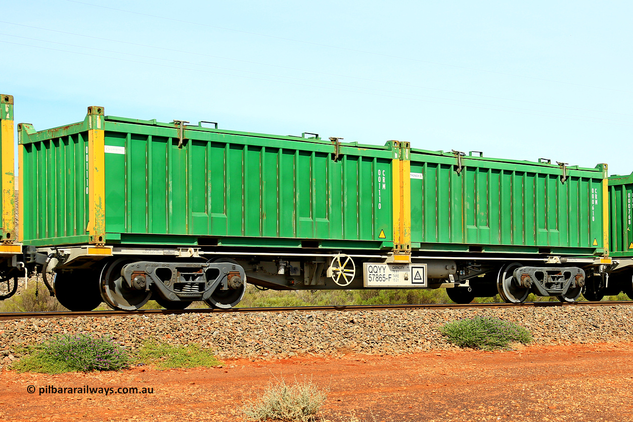 231020 8212
Parkeston, QQYY type 40' container waggon QQYY 57865 one of five hundred ordered by Aurizon and built by CRRC Yangtze Group of China in 2022. In service with two loaded 20' half height hard top 'rotainers' lettered CRM, for Cristal Mining before they were absorbed into Tronox, CRM 000610 with Tronox decal and yellow corner posts and CRM 001110 with Cristal decal and yellow corner posts, on Aurizon's Tronox mineral sands train 4UP1 from Ivanhoe / Broken Hill (NSW) to Kwinana (WA). 20th of October 2023.
Keywords: QQYY-type;QQYY57865;CRRC-Yangtze-Group-China;