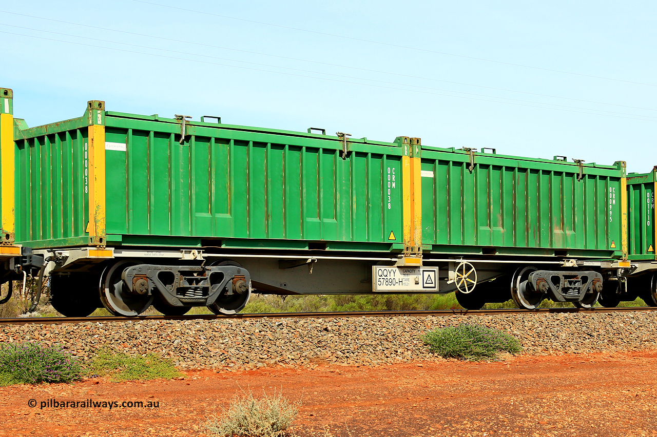 231020 8213
Parkeston, QQYY type 40' container waggon QQYY 57890 one of five hundred ordered by Aurizon and built by CRRC Yangtze Group of China in 2022. In service with two loaded 20' half height hard top 'rotainers' lettered CRM, for Cristal Mining before they were absorbed into Tronox, CRM 000995 with Cristal decal and yellow corner posts and CRM 000038 with Cristal decal and yellow corner posts, on Aurizon's Tronox mineral sands train 4UP1 from Ivanhoe / Broken Hill (NSW) to Kwinana (WA). 20th of October 2023.
Keywords: QQYY-type;QQYY57890;CRRC-Yangtze-Group-China;