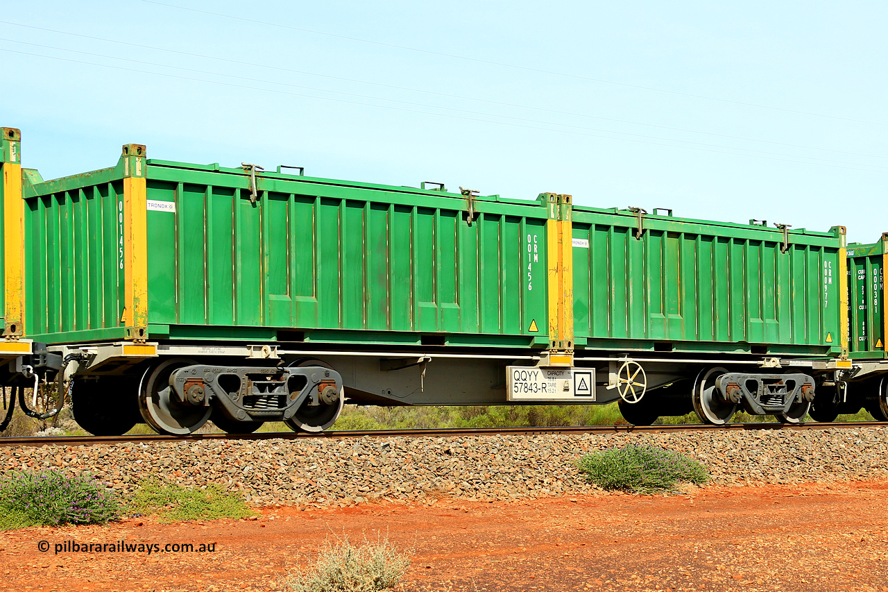 231020 8215
Parkeston, QQYY type 40' container waggon QQYY 57843 one of five hundred ordered by Aurizon and built by CRRC Yangtze Group of China in 2022. In service with two loaded 20' half height hard top 'rotainers' lettered CRM, for Cristal Mining before they were absorbed into Tronox, CRM 000977 with Tronox decal and yellow corner posts and CRM 001456 with Tronox decal and yellow corner posts, on Aurizon's Tronox mineral sands train 4UP1 from Ivanhoe / Broken Hill (NSW) to Kwinana (WA). 20th of October 2023.
Keywords: QQYY-type;QQYY57843;CRRC-Yangtze-Group-China;