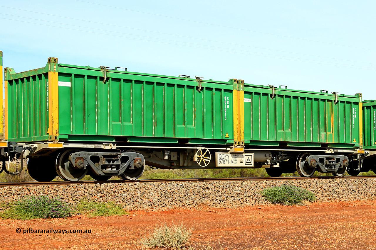 231020 8218
Parkeston, QQYY type 40' container waggon QQYY 57871 one of five hundred ordered by Aurizon and built by CRRC Yangtze Group of China in 2022. In service with two loaded 20' half height hard top 'rotainers' lettered CRM, for Cristal Mining before they were absorbed into Tronox, CRM 000013 with Tronox decal and yellow corner posts and CRM 001075 with Cristal decal and yellow corner posts, on Aurizon's Tronox mineral sands train 4UP1 from Ivanhoe / Broken Hill (NSW) to Kwinana (WA). 20th of October 2023.
Keywords: QQYY-type;QQYY57871;CRRC-Yangtze-Group-China;