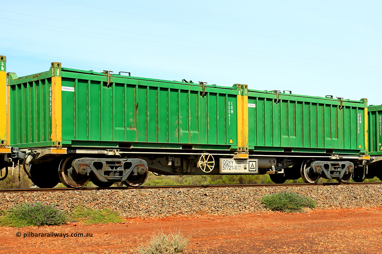 231020 8223
Parkeston, QQYY type 40' container waggon QQYY 57721 one of five hundred ordered by Aurizon and built by CRRC Yangtze Group of China in 2022. In service with two loaded 20' half height hard top 'rotainers' lettered CRM, for Cristal Mining before they were absorbed into Tronox, CRM 000300 with Tronox decal and yellow corner posts and CRM 000477 with Tronox decal and yellow corner posts, on Aurizon's Tronox mineral sands train 4UP1 from Ivanhoe / Broken Hill (NSW) to Kwinana (WA). 20th of October 2023.
Keywords: QQYY-type;QQYY57721;CRRC-Yangtze-Group-China;