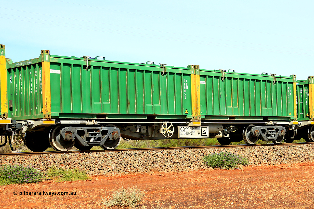 231020 8225
Parkeston, QQYY type 40' container waggon QQYY 57840 one of five hundred ordered by Aurizon and built by CRRC Yangtze Group of China in 2022. In service with two loaded 20' half height hard top 'rotainers' lettered CRM, for Cristal Mining before they were absorbed into Tronox, CRM 001316 with Tronox decal and yellow corner posts and CRM 000053 with Cristal decal and yellow corner posts, on Aurizon's Tronox mineral sands train 4UP1 from Ivanhoe / Broken Hill (NSW) to Kwinana (WA). 20th of October 2023.
Keywords: QQYY-type;QQYY57840;CRRC-Yangtze-Group-China;
