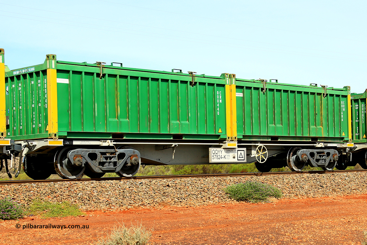 231020 8226
Parkeston, QQYY type 40' container waggon QQYY 57824 one of five hundred ordered by Aurizon and built by CRRC Yangtze Group of China in 2022. In service with two loaded 20' half height hard top 'rotainers' lettered CRM, for Cristal Mining before they were absorbed into Tronox, CRM 001686 with Tronox decal and yellow corner posts and CRM 000440 with Cristal decal and yellow corner posts, on Aurizon's Tronox mineral sands train 4UP1 from Ivanhoe / Broken Hill (NSW) to Kwinana (WA). 20th of October 2023.
Keywords: QQYY-type;QQYY57824;CRRC-Yangtze-Group-China;