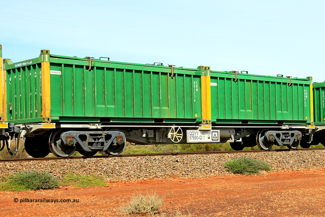 231020 8230
Parkeston, QQYY type 40' container waggon QQYY 57690 one of five hundred ordered by Aurizon and built by CRRC Yangtze Group of China in 2022. In service with two loaded 20' half height hard top 'rotainers' lettered CRM, for Cristal Mining before they were absorbed into Tronox, CRM 000966 with Tronox decal and yellow corner posts and CRM 001716 with Tronox decal and yellow corner posts, on Aurizon's Tronox mineral sands train 4UP1 from Ivanhoe / Broken Hill (NSW) to Kwinana (WA). 20th of October 2023.
Keywords: QQYY-type;QQYY57690;CRRC-Yangtze-Group-China;