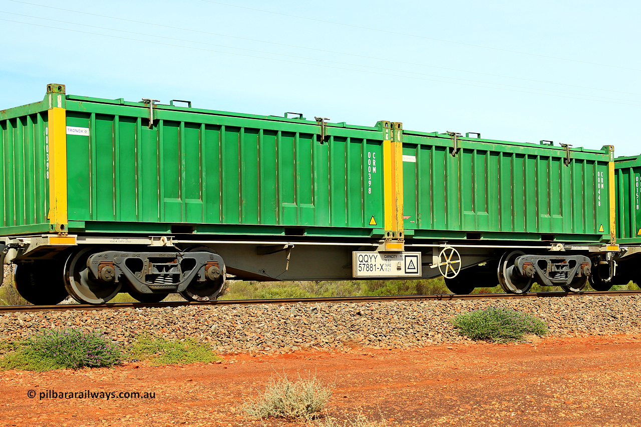 231020 8234
Parkeston, QQYY type 40' container waggon QQYY 57881 one of five hundred ordered by Aurizon and built by CRRC Yangtze Group of China in 2022. In service with two loaded 20' half height hard top 'rotainers' lettered CRM, for Cristal Mining before they were absorbed into Tronox, CRM 000448 with Cristal decal and yellow corner posts and CRM 000398 with Tronox decal and yellow corner posts, on Aurizon's Tronox mineral sands train 4UP1 from Ivanhoe / Broken Hill (NSW) to Kwinana (WA). 20th of October 2023.
Keywords: QQYY-type;QQYY57881;CRRC-Yangtze-Group-China;