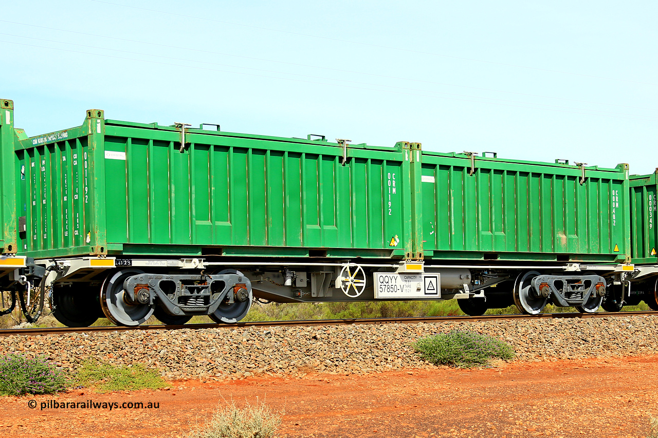 231020 8255
Parkeston, QQYY type 40' container waggon QQYY 57850 one of five hundred ordered by Aurizon and built by CRRC Yangtze Group of China in 2022. In service with two loaded 20' half height hard top 'rotainers' lettered CRM, for Cristal Mining before they were absorbed into Tronox, CRM 000482 with Cristal decal and CRM 001192 with Cristal decal, on Aurizon's Tronox mineral sands train 4UP1 from Ivanhoe / Broken Hill (NSW) to Kwinana (WA). 20th of October 2023.
Keywords: QQYY-type;QQYY57850;CRRC-Yangtze-Group-China;