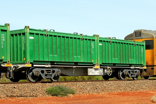 231020 8145
Parkeston, QQYY type 40' container waggon QQYY 57759 one of five hundred ordered by Aurizon and built by CRRC Yangtze Group of China in 2022. In service with two loaded 20' half height hard top 'rotainers' lettered CRM, for Cristal Mining before they were absorbed into Tronox, CRM 000687 with Tronox decal and CRM 001564 with Cristal decal, on Aurizon's Tronox mineral sands train 4UP1 from Ivanhoe / Broken Hill (NSW) to Kwinana (WA). October 20, 2023.
Keywords: QQYY-type;QQYY57759;CRRC-Yangtze-Group-China;