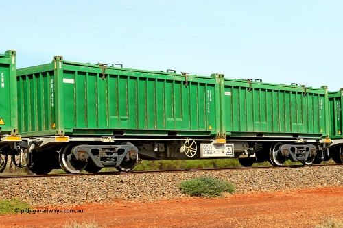 231020 8146
Parkeston, QQYY type 40' container waggon QQYY 57932 one of five hundred ordered by Aurizon and built by CRRC Yangtze Group of China in 2022. In service with two loaded 20' half height hard top 'rotainers' lettered CRM, for Cristal Mining before they were absorbed into Tronox, CRM 000674 with Tronox decal and CRM 001426 with Cristal decal, on Aurizon's Tronox mineral sands train 4UP1 from Ivanhoe / Broken Hill (NSW) to Kwinana (WA). October 20, 2023.
Keywords: QQYY-type;QQYY57932;CRRC-Yangtze-Group-China;