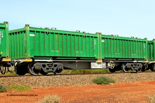 231020 8148
Parkeston, QQYY type 40' container waggon QQYY 57905 one of five hundred ordered by Aurizon and built by CRRC Yangtze Group of China in 2022. In service with two loaded 20' half height hard top 'rotainers' lettered CRM, for Cristal Mining before they were absorbed into Tronox, CRM 001196 with Tronox decal and CRM 000772 with Tronox decal, on Aurizon's Tronox mineral sands train 4UP1 from Ivanhoe / Broken Hill (NSW) to Kwinana (WA). October 20, 2023.
Keywords: QQYY-type;QQYY57905;CRRC-Yangtze-Group-China;
