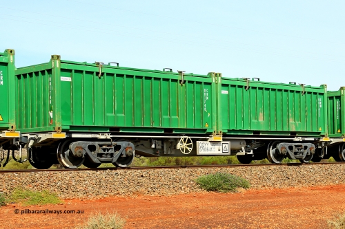 231020 8149
Parkeston, QQYY type 40' container waggon QQYY 57806 one of five hundred ordered by Aurizon and built by CRRC Yangtze Group of China in 2022. In service with two loaded 20' half height hard top 'rotainers' lettered CRM, for Cristal Mining before they were absorbed into Tronox, CRM 001621 with Tronox decal and CRM 001740 with Tronox decal, on Aurizon's Tronox mineral sands train 4UP1 from Ivanhoe / Broken Hill (NSW) to Kwinana (WA). 20th of October 2023.
Keywords: QQYY-type;QQYY57806;CRRC-Yangtze-Group-China;