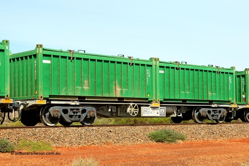 231020 8150
Parkeston, QQYY type 40' container waggon QQYY 57707 one of five hundred ordered by Aurizon and built by CRRC Yangtze Group of China in 2022. In service with two loaded 20' half height hard top 'rotainers' lettered CRM, for Cristal Mining before they were absorbed into Tronox, CRM 001166 with Tronox decal and CRM 001431 with Cristal decal, on Aurizon's Tronox mineral sands train 4UP1 from Ivanhoe / Broken Hill (NSW) to Kwinana (WA). October 20, 2023.
Keywords: QQYY-type;QQYY57707;CRRC-Yangtze-Group-China;