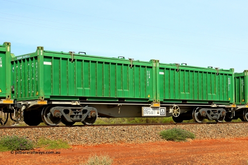 231020 8151
Parkeston, QQYY type 40' container waggon QQYY 57873 one of five hundred ordered by Aurizon and built by CRRC Yangtze Group of China in 2022. In service with two loaded 20' half height hard top 'rotainers' lettered CRM, for Cristal Mining before they were absorbed into Tronox, CRM 000732 with Tronox decal and CRM 001743 with Cristal decal, on Aurizon's Tronox mineral sands train 4UP1 from Ivanhoe / Broken Hill (NSW) to Kwinana (WA). October 20, 2023.
Keywords: QQYY-type;QQYY57873;CRRC-Yangtze-Group-China;