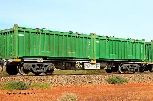 231020 8152
Parkeston, QQYY type 40' container waggon QQYY 57861 one of five hundred ordered by Aurizon and built by CRRC Yangtze Group of China in 2022. In service with two loaded 20' half height hard top 'rotainers' lettered CRM, for Cristal Mining before they were absorbed into Tronox, CRM 000101 with Tronox decal and CRM 000055 with Tronox decal, on Aurizon's Tronox mineral sands train 4UP1 from Ivanhoe / Broken Hill (NSW) to Kwinana (WA). 20th of October 2023.
Keywords: QQYY-type;QQYY57861;CRRC-Yangtze-Group-China;